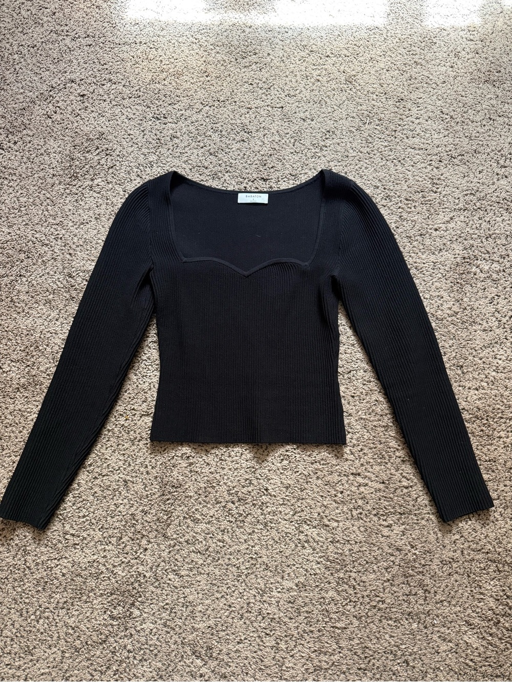 Babaton Black Ribbed Sweetheart Neck Long Sleeve Top
